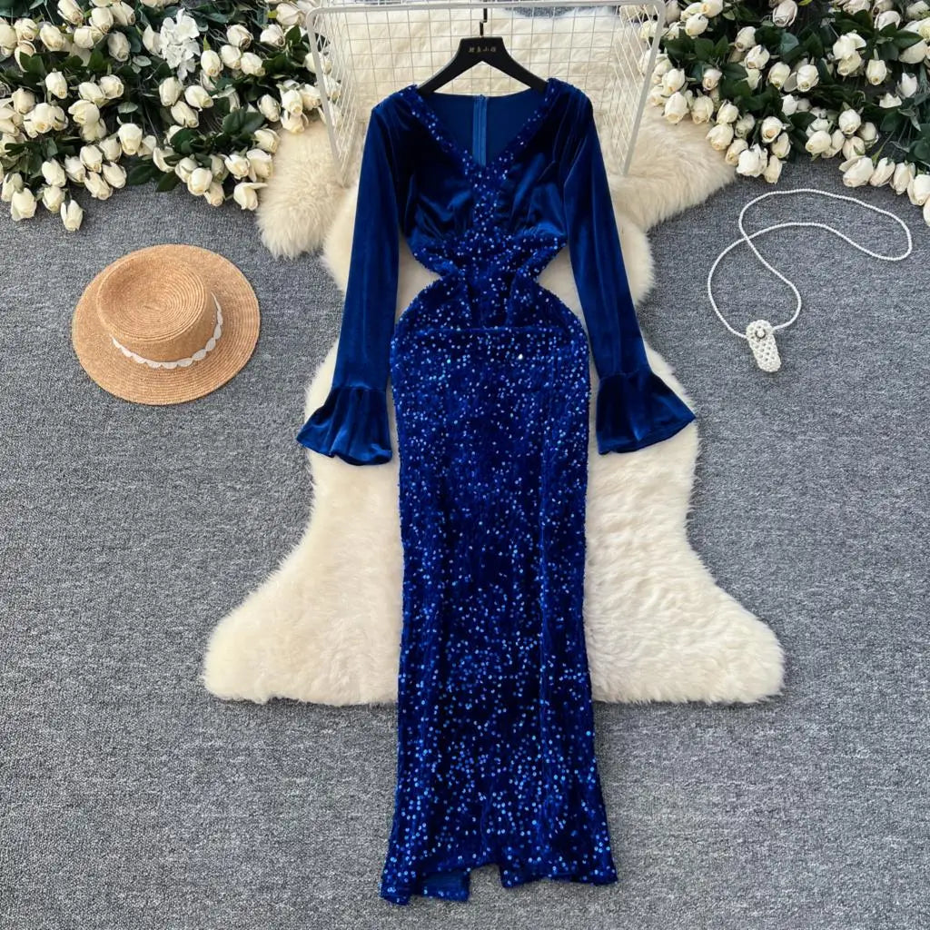 Women's Sexy Velvet Evening Gown Luxury Dresses V-Neck Flare Sleeve Split Long Dress Fashion Slim Robe Birthday Party Autumn New