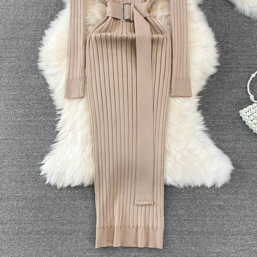 Chic Elegant Turtleneck Long Sleeve Bodycon Dress with Belt Sexy Fashion Knit Vestido Slim Autumn Winter Pencil Sweater Robe