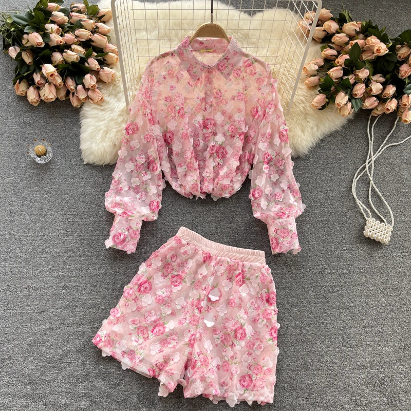 Clothland Sweet Appliqued Floral Blouse Suit Two Piece Pink Set Long Sleeve Shirts Mini Shorts Spring Set TZ228