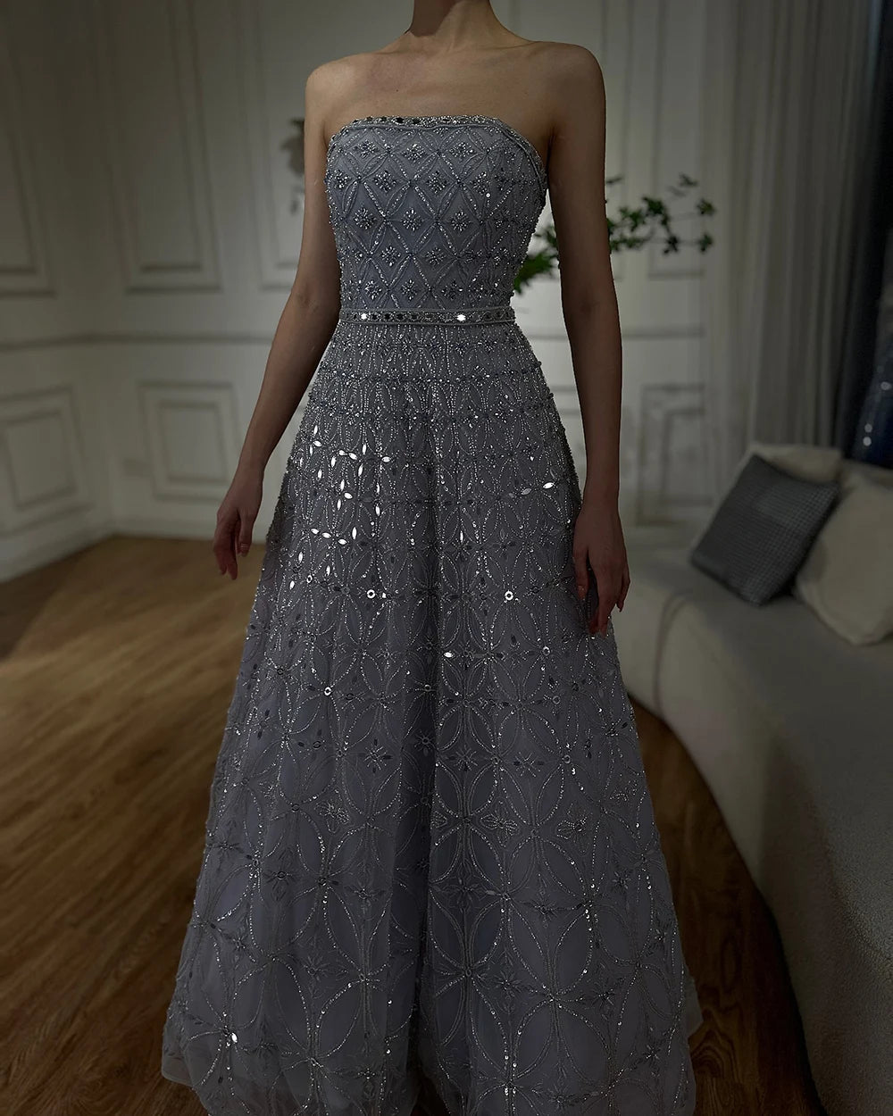 Serene Hill 2024 Arabic Gray A Line Elegant Strapless Beaded Long Evening Dresses Gowns for Formal Occasion LA72755