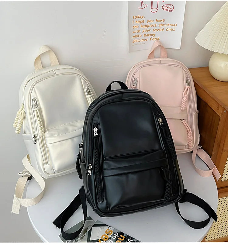 Korean Fashion College Student School Bags Women's New Trendy Casual Glossy Leather Backpacks Versatile Large Capacity Handbags