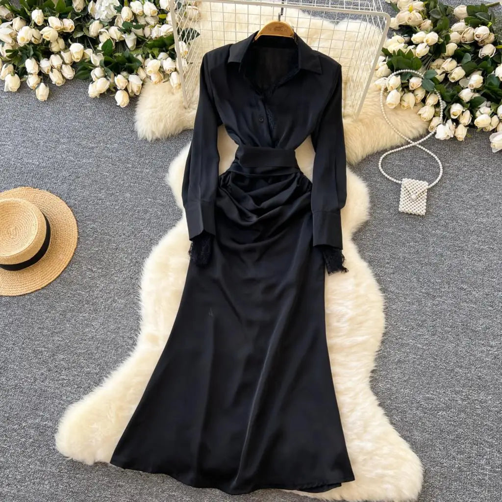 Elegant Solid Satin Midi Dress for Women Autumn Long Sleeve Lace Patchwork Office Work Shirt Dresses Lace-up Slim Waist Vestidos