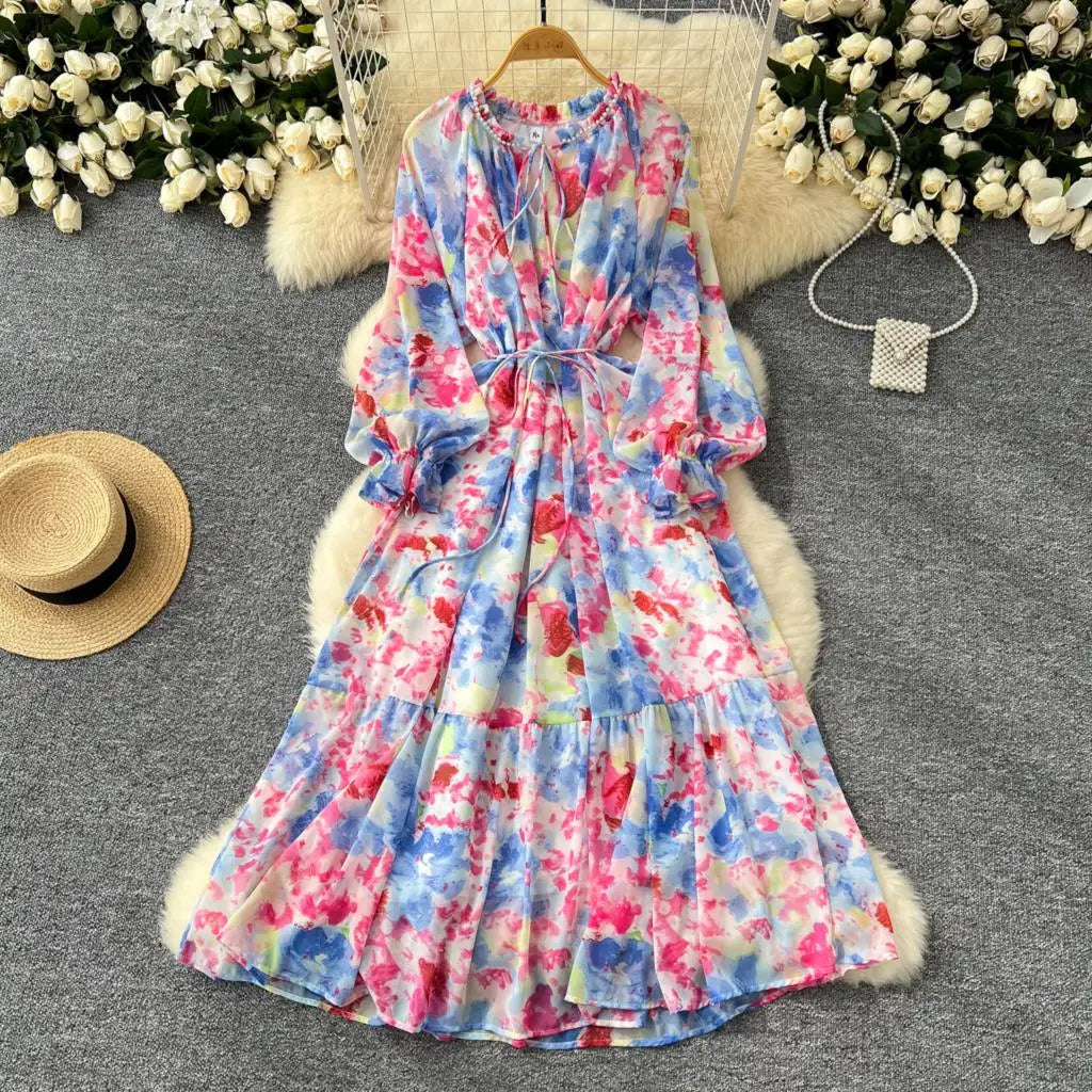 Elegant Floral Print Party Dress for Women French O-Neck Embroidered Flares Lace Up Lantern Long Sleeves Chiffon Long Dresses