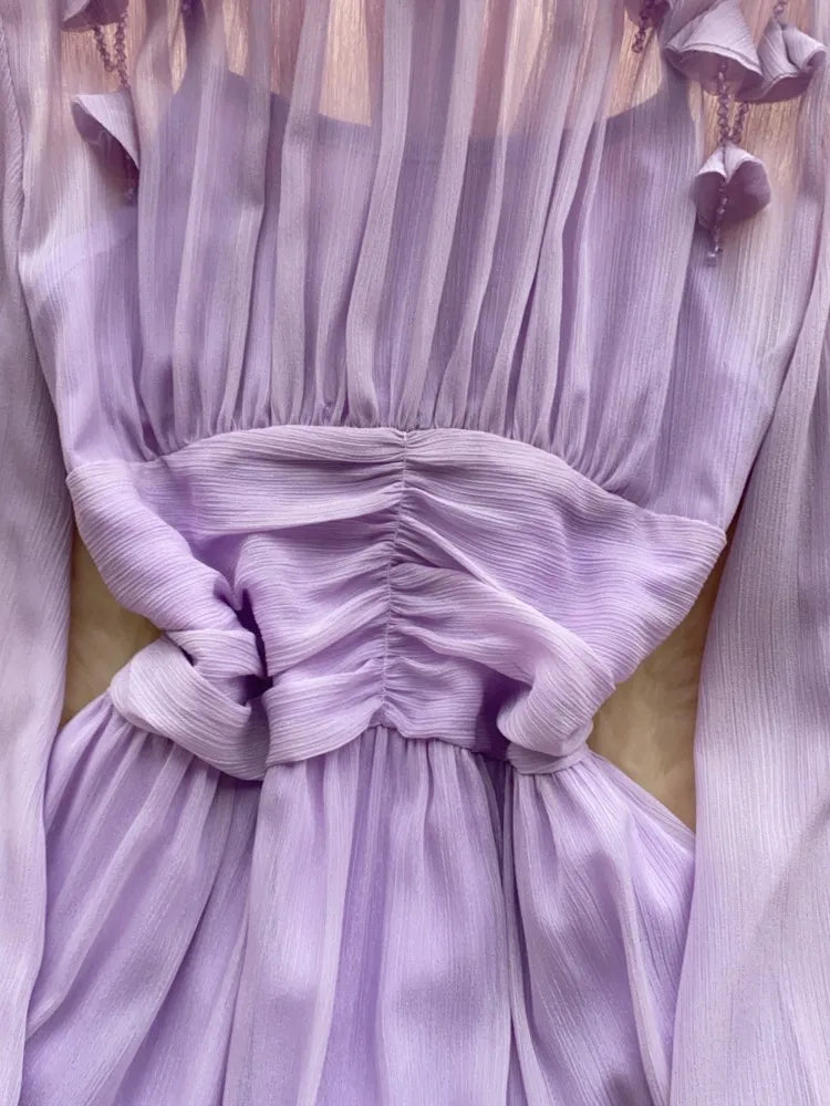 Elegant Tassel Beaded Lantern Sleeve Midi Dress Women French Stand Collar Slim A-Line Pleated Female One Piece Casual Mujer New