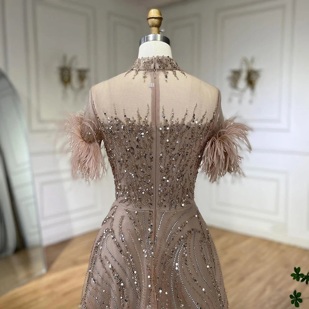 Serene Hill 2024 Arabic blue A Line Short Sleeveless Luxury Evening Dresses Beaded Feathers For Women Wedding Party LA72351