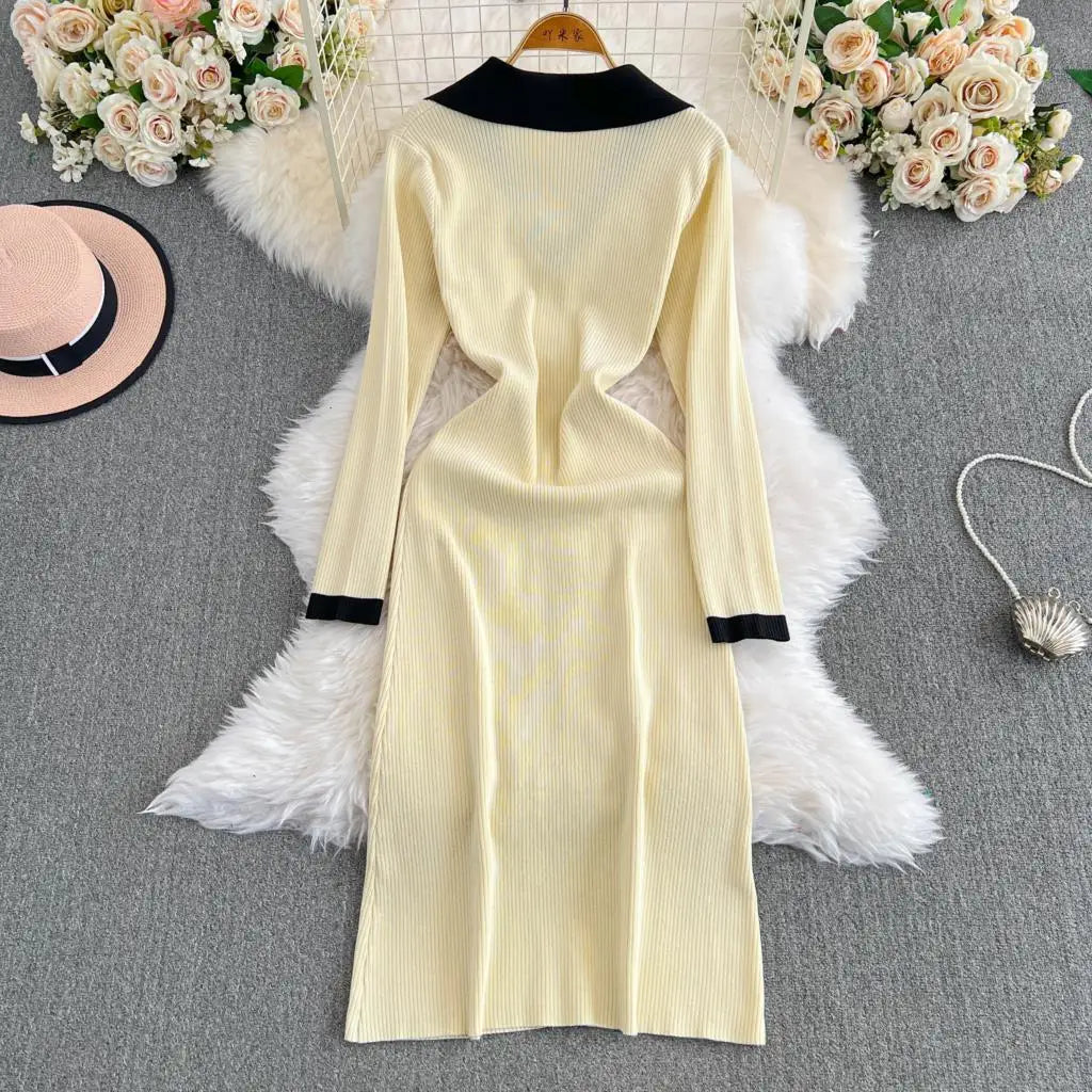 Elegant Women Fashion Casual Bodycon Knitted Dress Vintage Single Breasted Party Birthday Prom Vestidos Female Clothes Long Robe