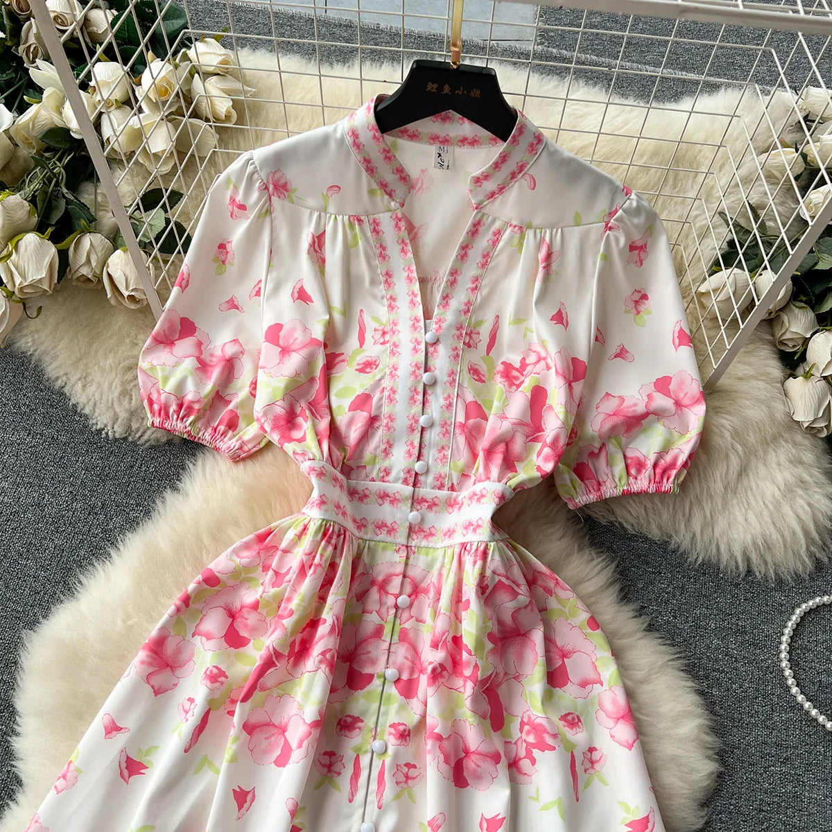 Summer Clothes Holiday Dresses Women 2023 Elegant Fashion Vintage Flower Print Dress Short Sleeve Button Up A Line Mini Dress