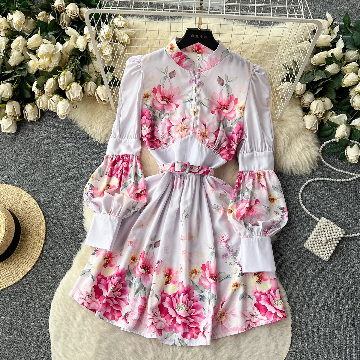Elegant Party Dresses Women Round Neck Button Up Vintage Floral Print Dress Spring Summer Long Lantern Sleeve Belted Mini Dress