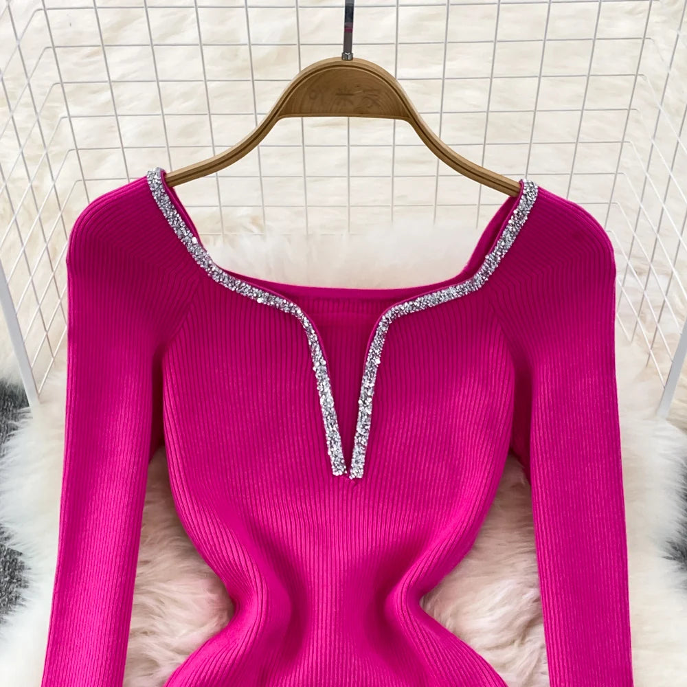 Chic Elegant Glitter V Neck Long Sleeve Elastic Bodycon Dress Sexy Fashion Knit Pencil Vestidos Slim Autumn Winter party robe