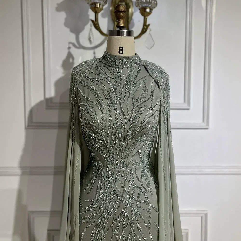 Serene Hill Muslim Sage Green Mermaid Long Cape Beaded Satin Luxury Evening Dresses Gowns For Women Party 2024 LA72413A