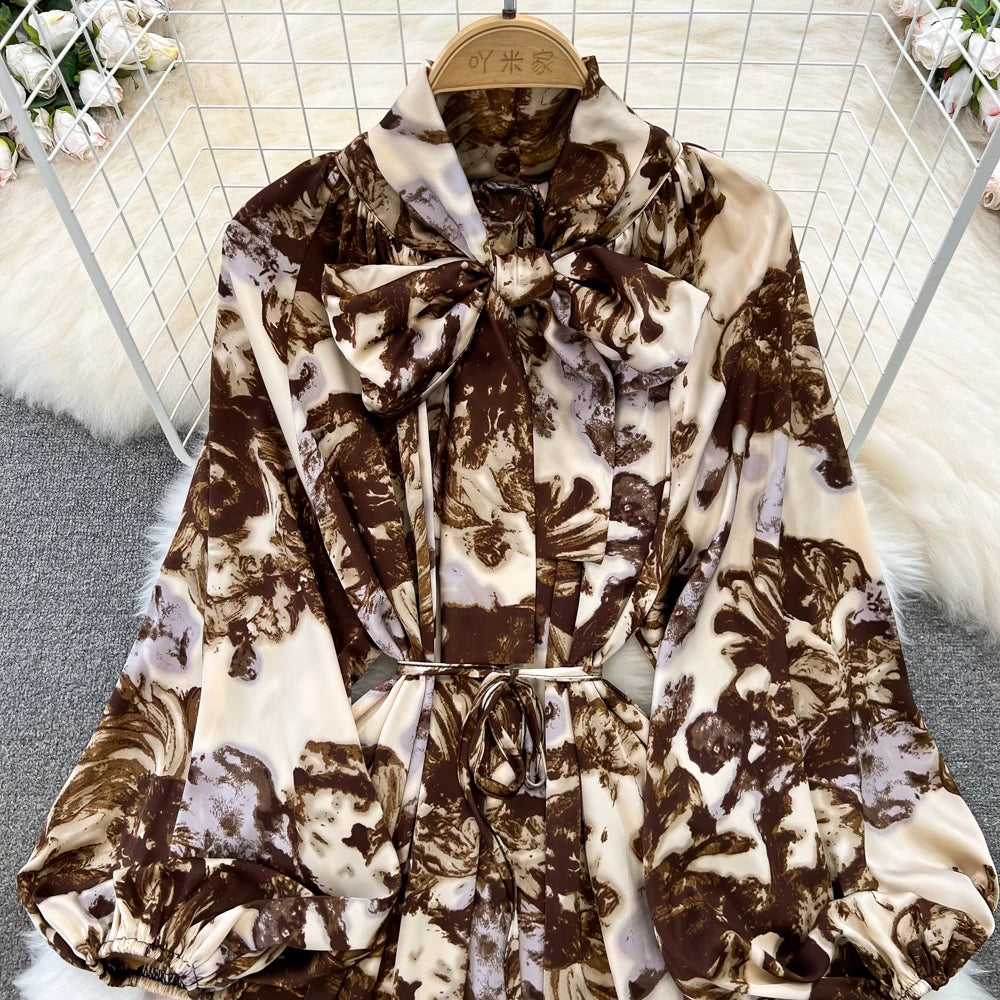 Elegant Casual A-Line Vintage Ruffle Print Long Dress Autumn Lantern Sleeve Party Boho Dresses Beach Holiday Female Vestidos