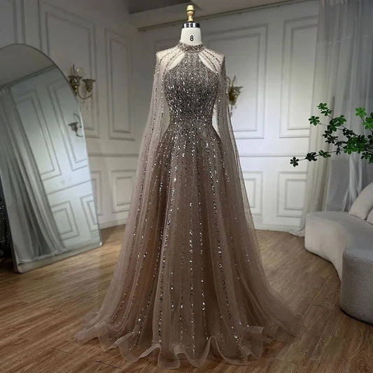 Serene Hill Arabic Turquoise A Line Cape Sleeve Beaded Luxury Dubai Evening Dresses Gowns For Women Wedding Party 2024 BLA72306A