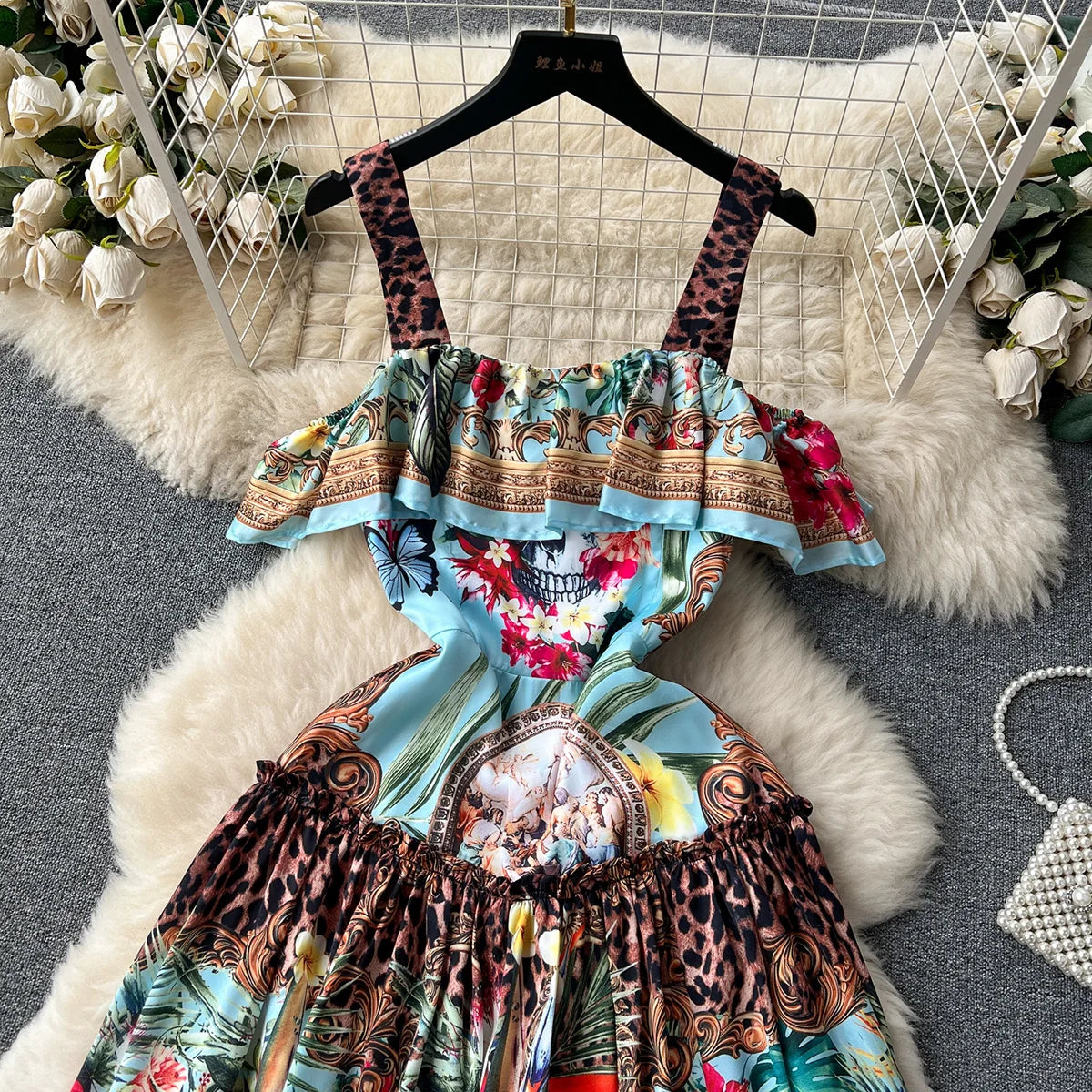 Women Elegant Vintage Print Dress 2023 Layered Ruffle Straight Neckline Strap Off Shoulder Dress For Holiday Summer Mini Dress