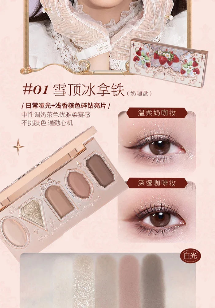 Flower Knows Strawberry Rococo Pressed Glitter Eyeshadow 5 Color Palette with Creamy Texture for Natural Makeup Eye Shadows