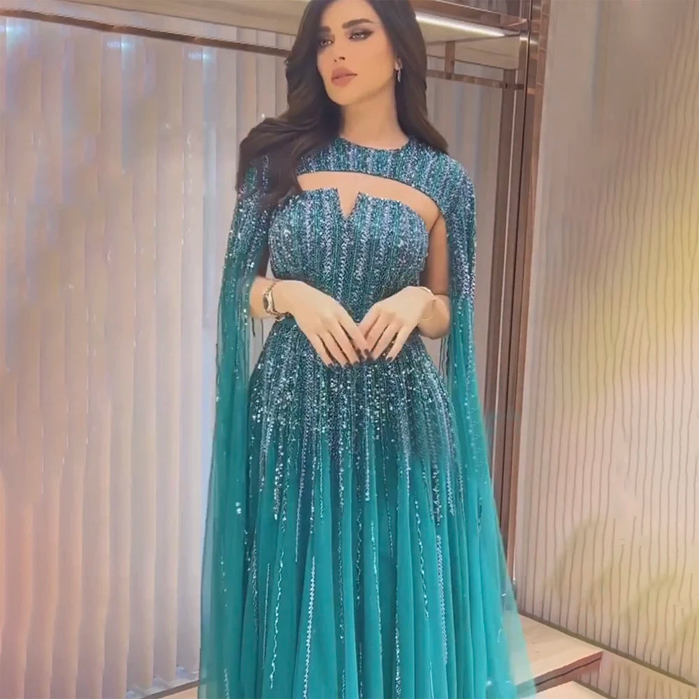Arabic Green Cape Sleeves A Line Beaded Evening Dresses Long 2023 Celebrity Gowns For Woman Wedding Party BLA71912 Serene Hill