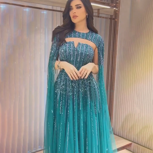 Arabic Green Cape Sleeves A Line Beaded Evening Dresses Long 2023 Celebrity Gowns For Woman Wedding Party BLA71912 Serene Hill