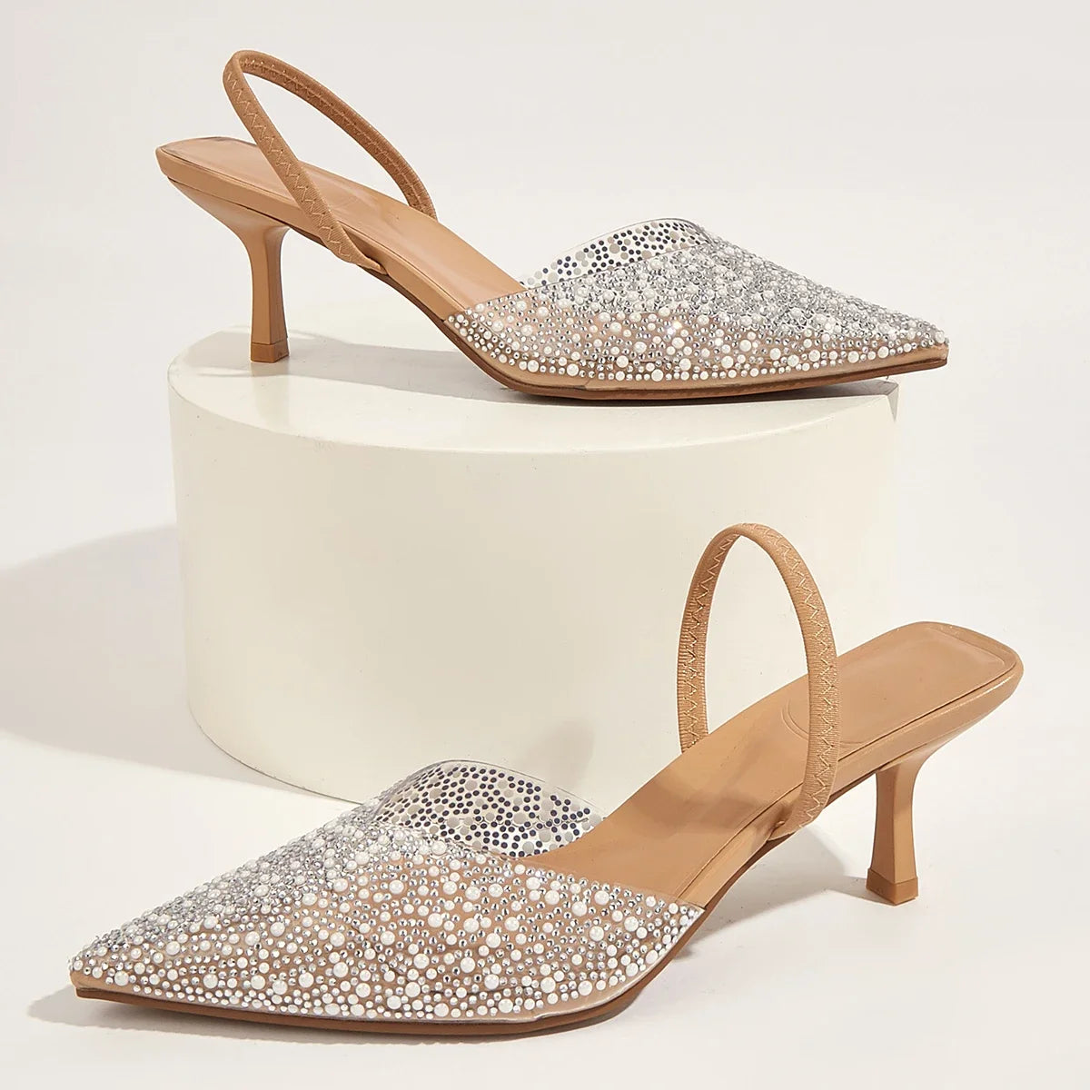 Elegant Women's high Heeled Sandals Translucent Faux Pearls Decor Slingback Stiletto Comfy Lightweight Prom Heels
