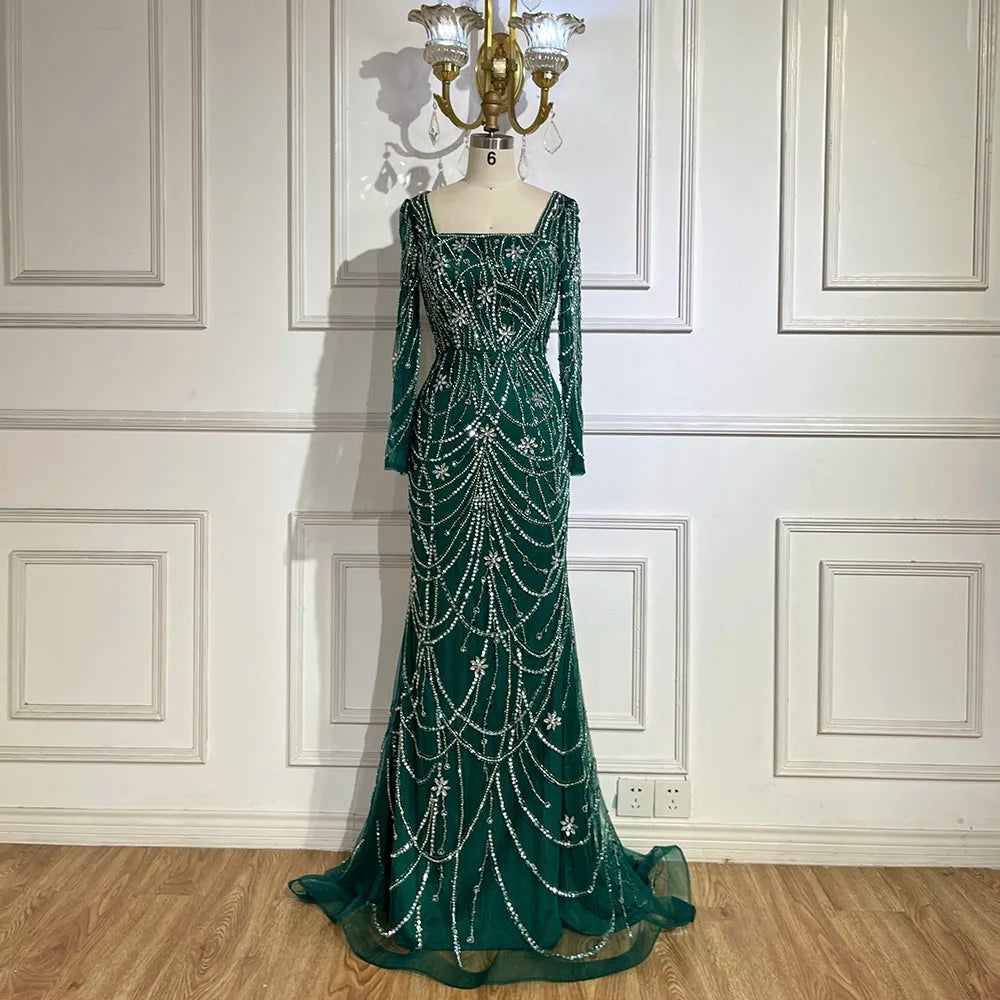 Serene Hill Luxury Dubai Green Mermaid Elegant Crystal Beaded Arabic Evening Dresses Gowns For Women Wedding Party 2023 BLA72242