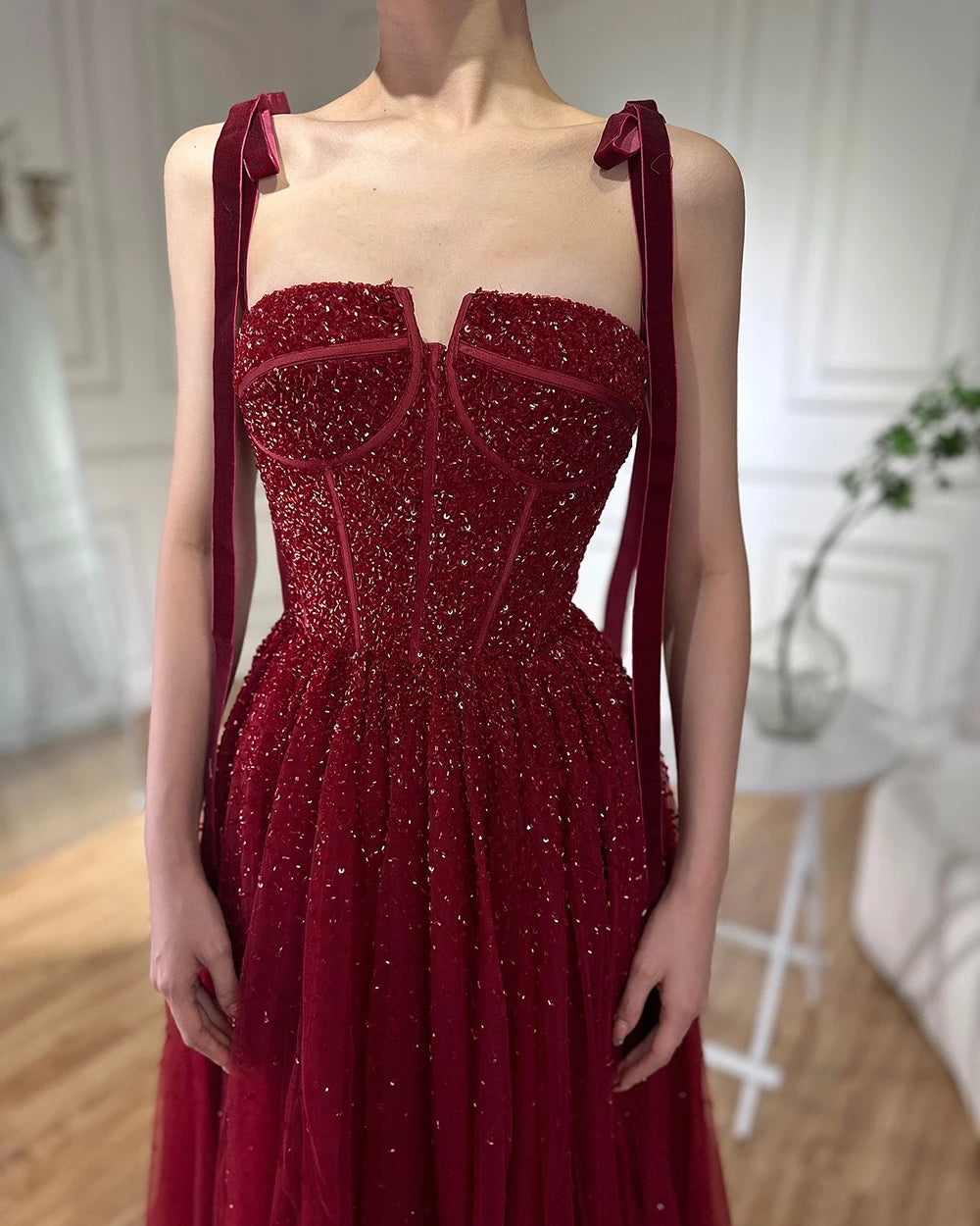 Serene Hill 2024 Saudi Wine Red Beaded Evening Gown Spaghetti Strap A-Line Luxury Floor-Length for Formal Occasion LA70600A