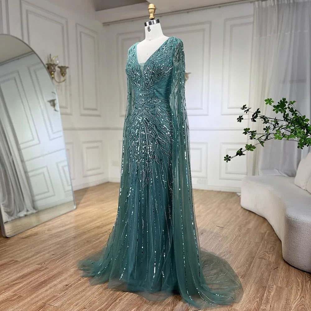 SERENE HILL 2024 Arabic Silver Mermaid Cape Sleeves Luxury Beaded Evening Dresses Formal Long Gowns Women Wedding Party GLA72239