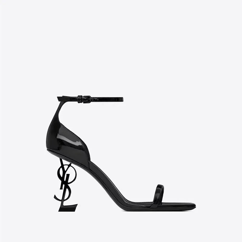 High quality one-line sandals women 2024 new European and American black patent leather sexy letter heels women