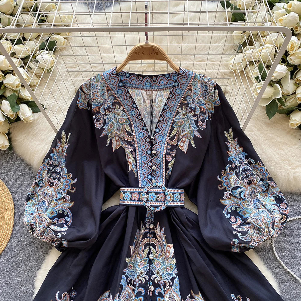 Bohemian Dresses For Women 2024 V Neck 3/4 Sleeve Spring Summer Vacation Mini Dress With Belt Boho Vintage Paisley Print Dress