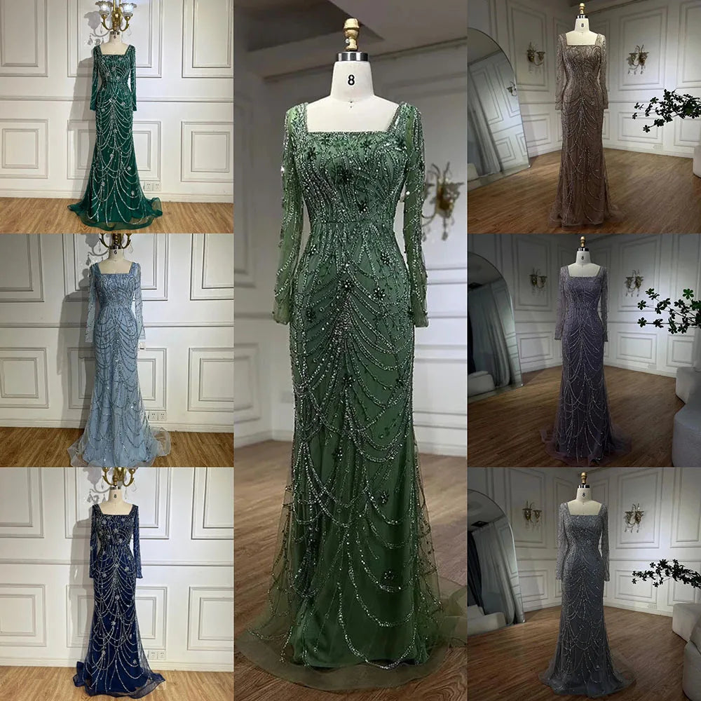 Serene Hill Luxury Dubai Green Mermaid Elegant Crystal Beaded Arabic Evening Dresses Gowns For Women Wedding Party 2023 BLA72242