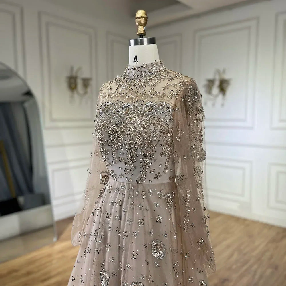 Serene Hill Muslim Nude A-Line Beaded Luxury Elegant Dubai Long Evening Gown for Women - Wedding Party 2024  GLA72594