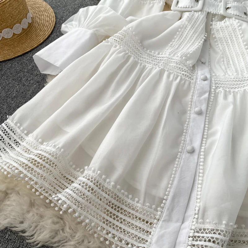 Wedding Guest Dresses For Women Lace Trim Luxury Party Dress Stand Collar Long Sleeve Button Up Holiday Mini Dress With Belt
